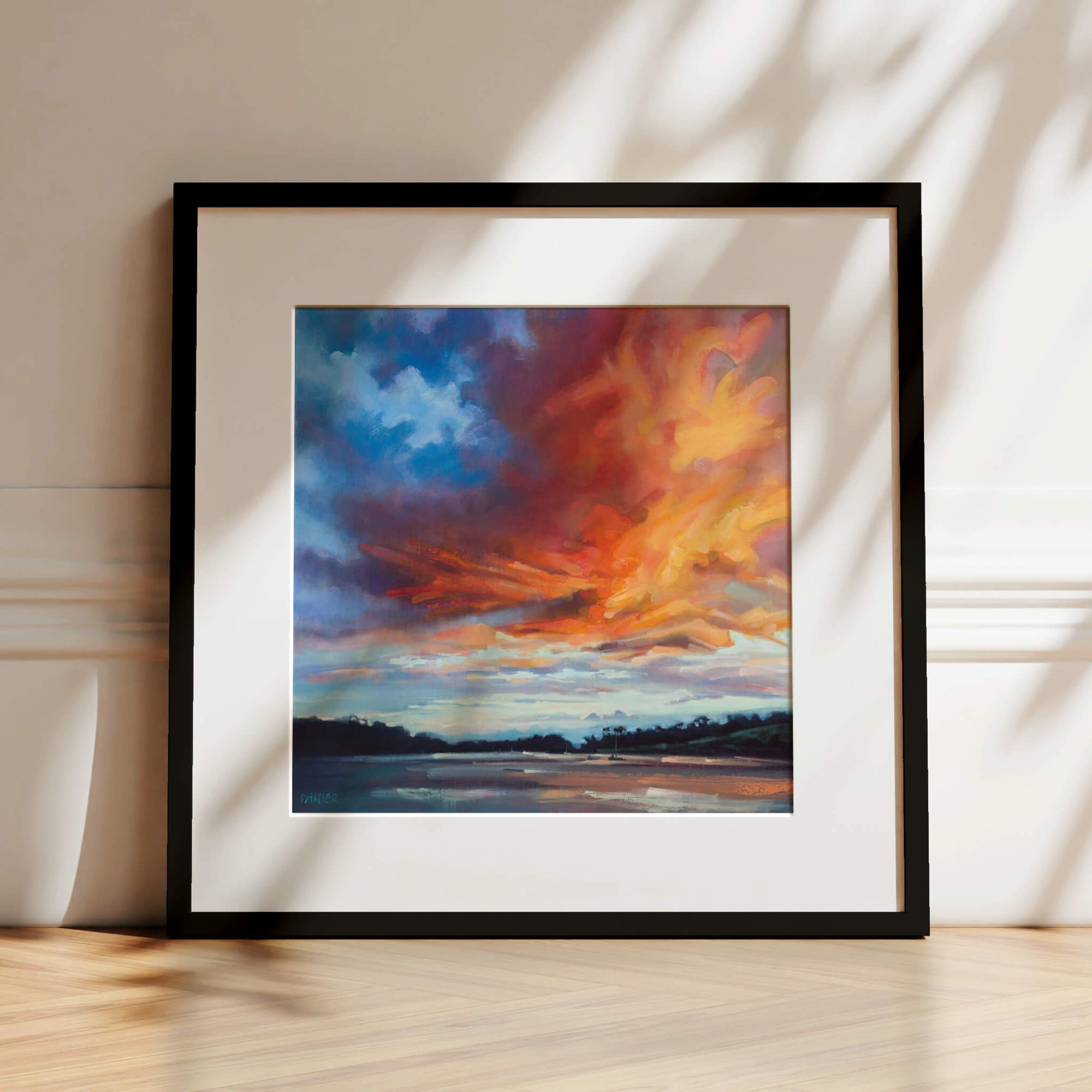 Confidence, colourful sunset art prints framed in black ready to hang of Helford River in Cornwall by landscape artist Rachel Painter