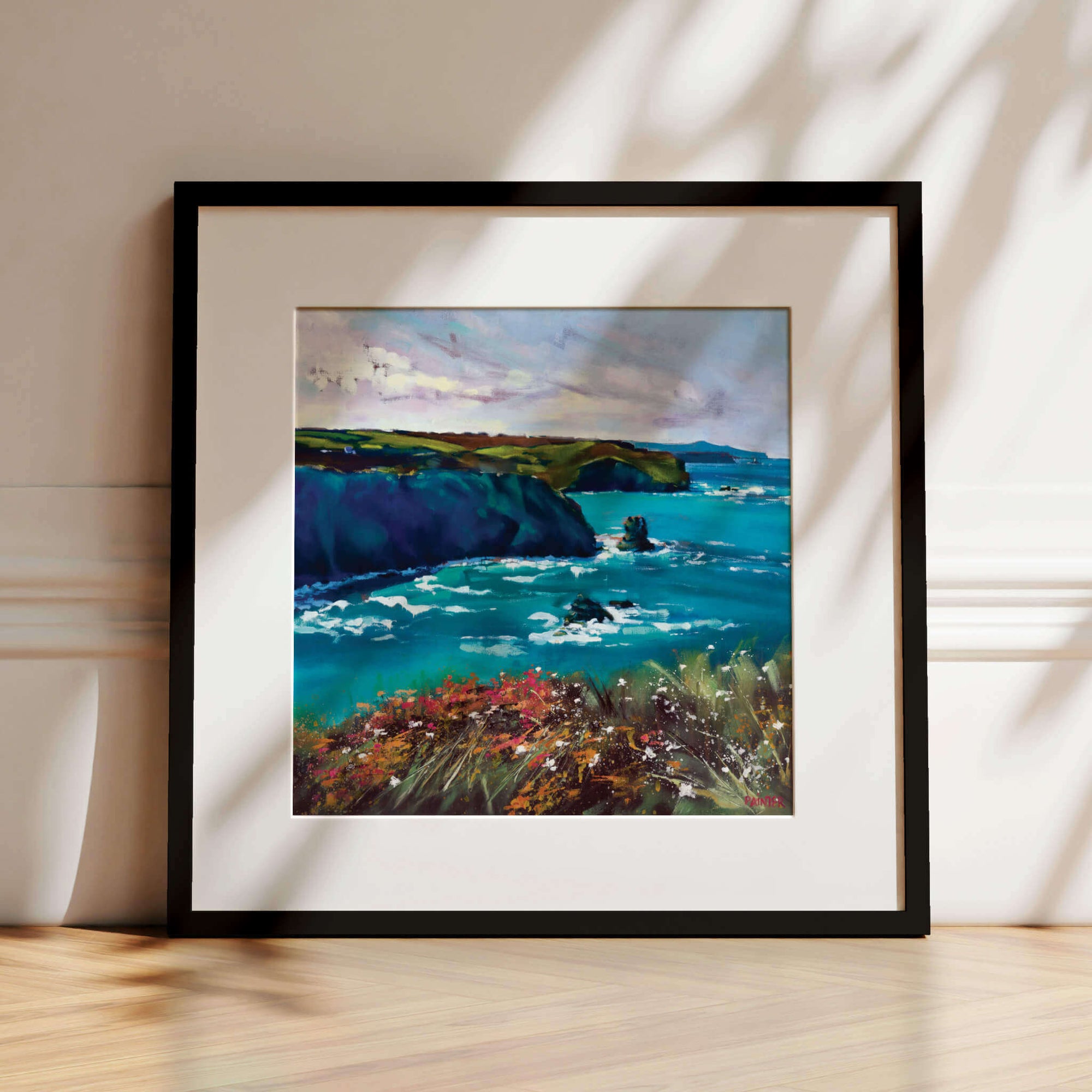 Upon A Pavement Of Sapphire, seascape art prints of Cornwall near the clifftops of Portreath with colourful sea flowers, framed art prints in black by landscape artist Rachel Painter