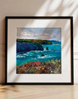Upon A Pavement Of Sapphire, seascape art prints of Cornwall near the clifftops of Portreath with colourful sea flowers, framed art prints in black by landscape artist Rachel Painter