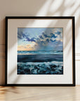 Towards The Light, seascape art prints of Cornwall Perranuthnoe beach at sunset with waves, framed art prints in black by landscape artist Rachel Painter