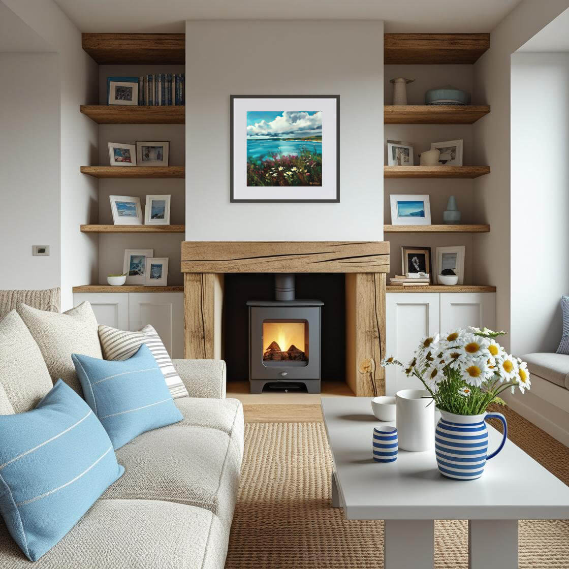 Cornwall inspired interior with Cornish seascape print by Rachel Painter, contemporary seascape artist