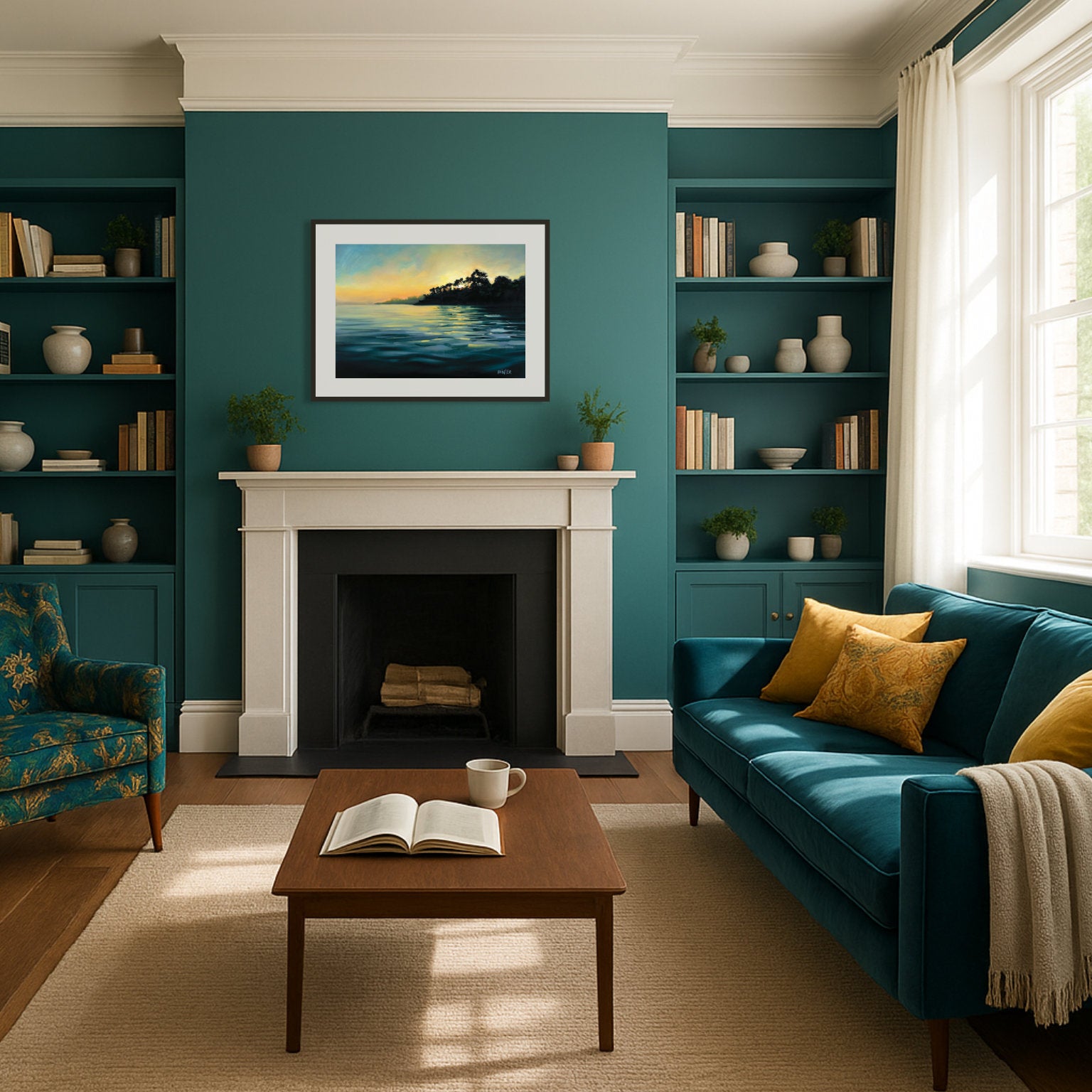 Living room with teal walls, a blue sofa, and a fireplace with a moody artwork of a sunset over water.