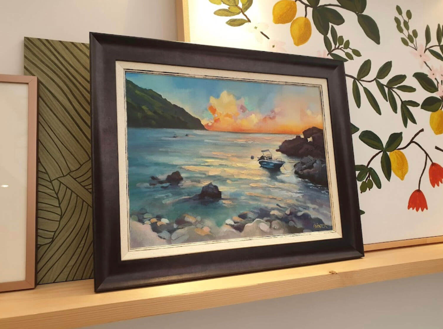 Framed custom painting commission of a Corfu beach at sunset as an engagement gift for partner.