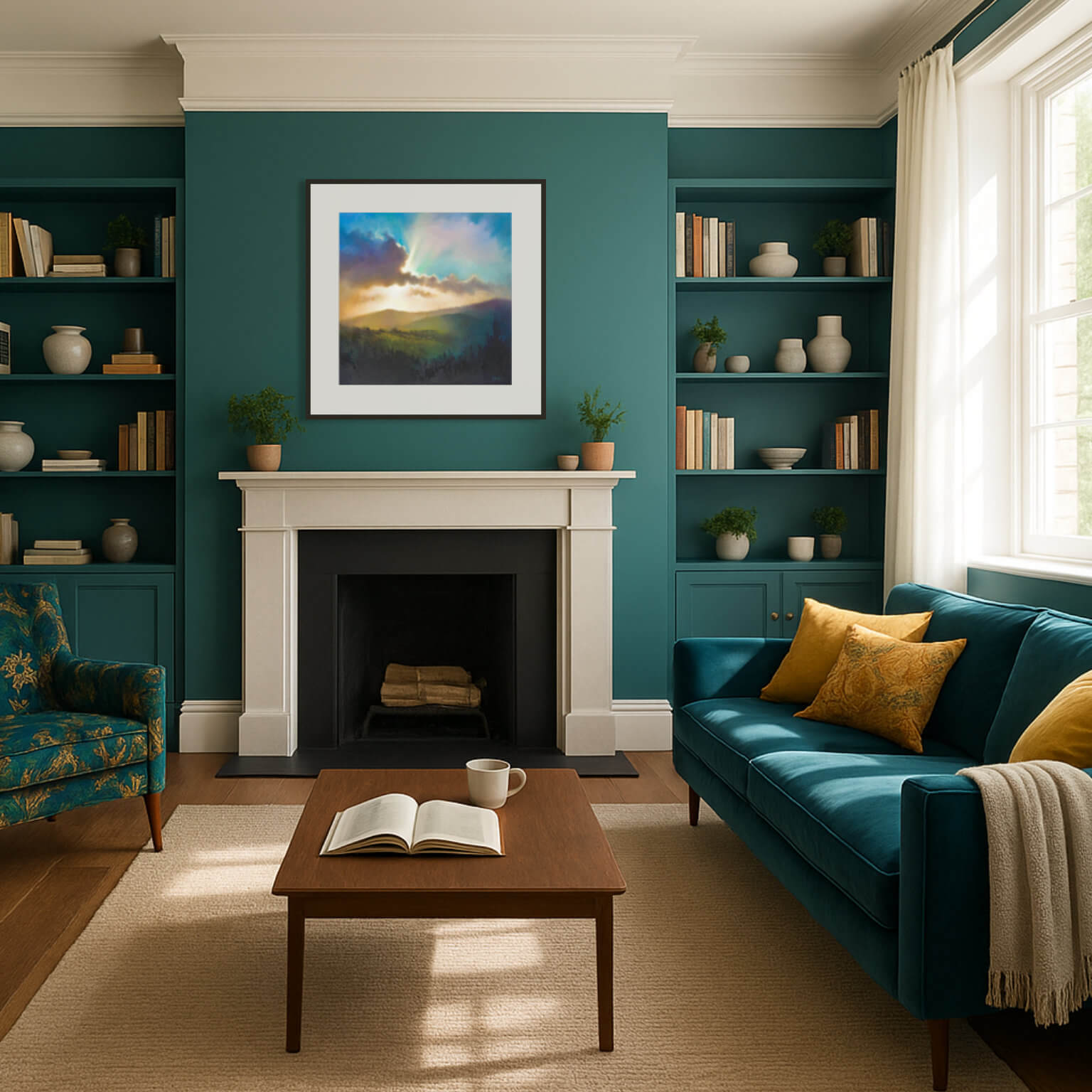 contemporary dark lounge interior with dramatic landscape art print - by Rachel Painter, contemporary artist