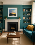 Large wall art prints for living room in a teal inspired room with fireplace and mantel