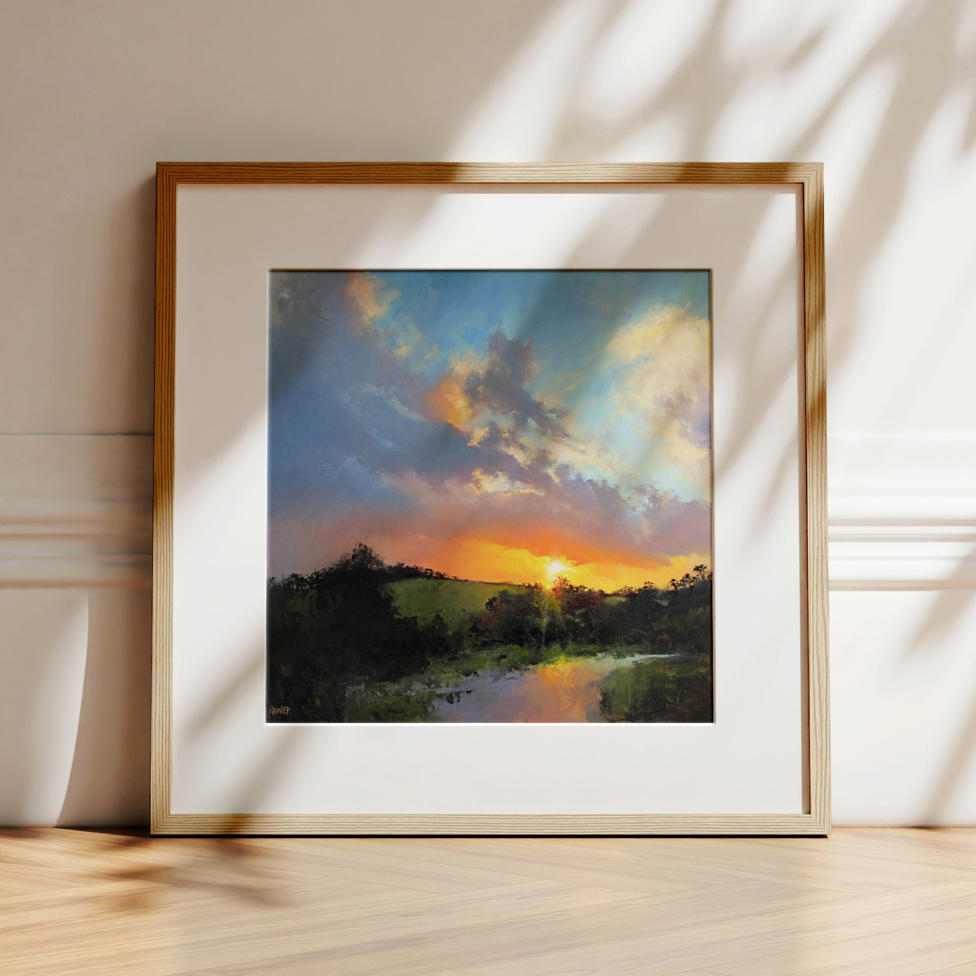 Windswept Love No.8 Cornwall prints framed in oak ready to hang - inspired by a Falmouth River sunset near Trelissick Gardens by British artist Rachel Painter