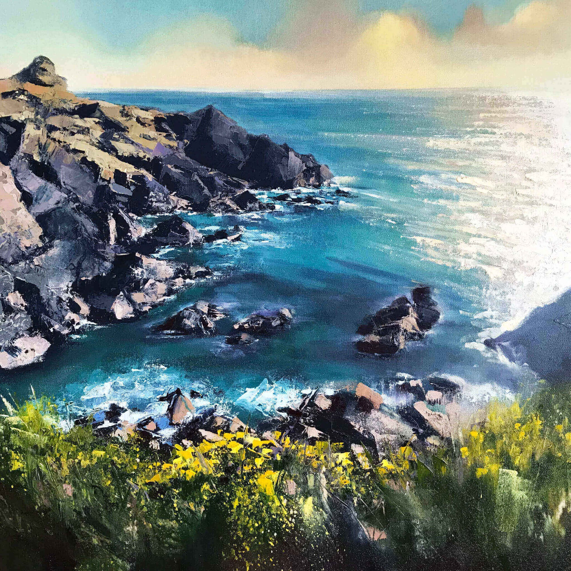Seascape painting of Cornwall by Cornish artist Rachel Painter - clifftops, yellow gorse, turquoise sea and waves near Kynance Cove.