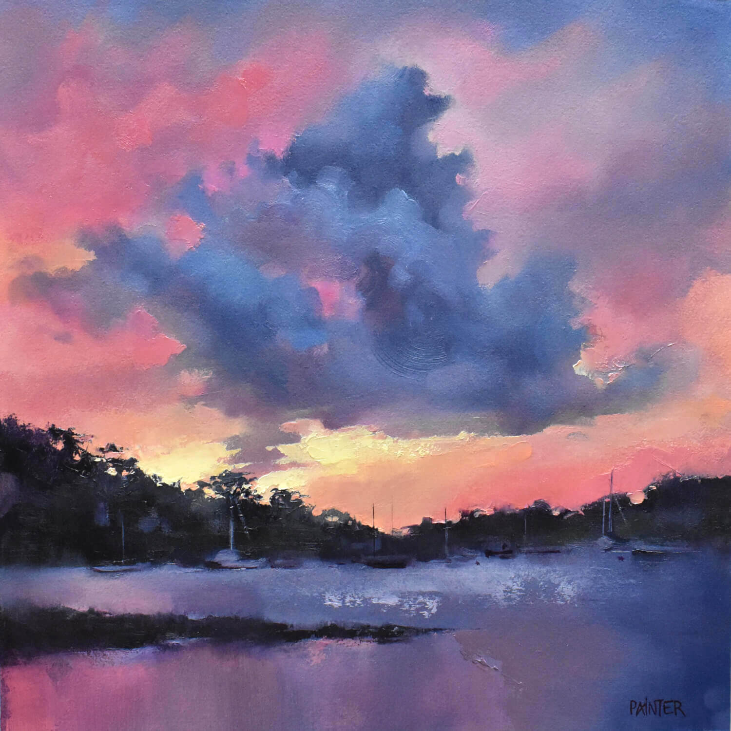 Coastal painting by seascape artist Rachel Painter - painting of a sunset over water with large clouds at Restronguet Weir near the Pandora Inn in Cornwall.