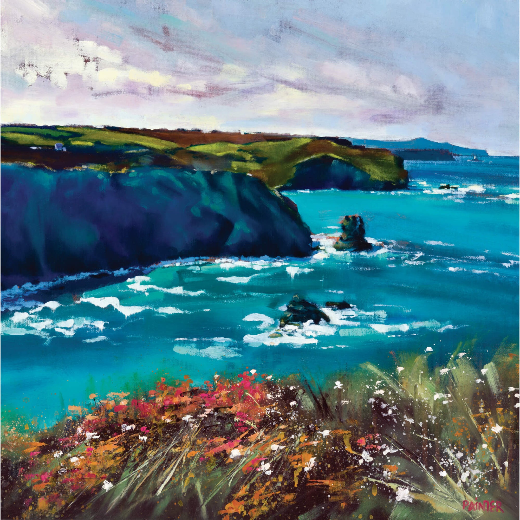 Cornwall seascape oil painting by Cornish artist Rachel Painter - framed original above Portreath with cliffs, turquoise sea, waves and coastal flowers.