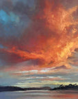 Paintings with sunsets by Cornwall artist Rachel Painter - fiery dramatic sky with orange and red hues reflecting on Helford River waters.