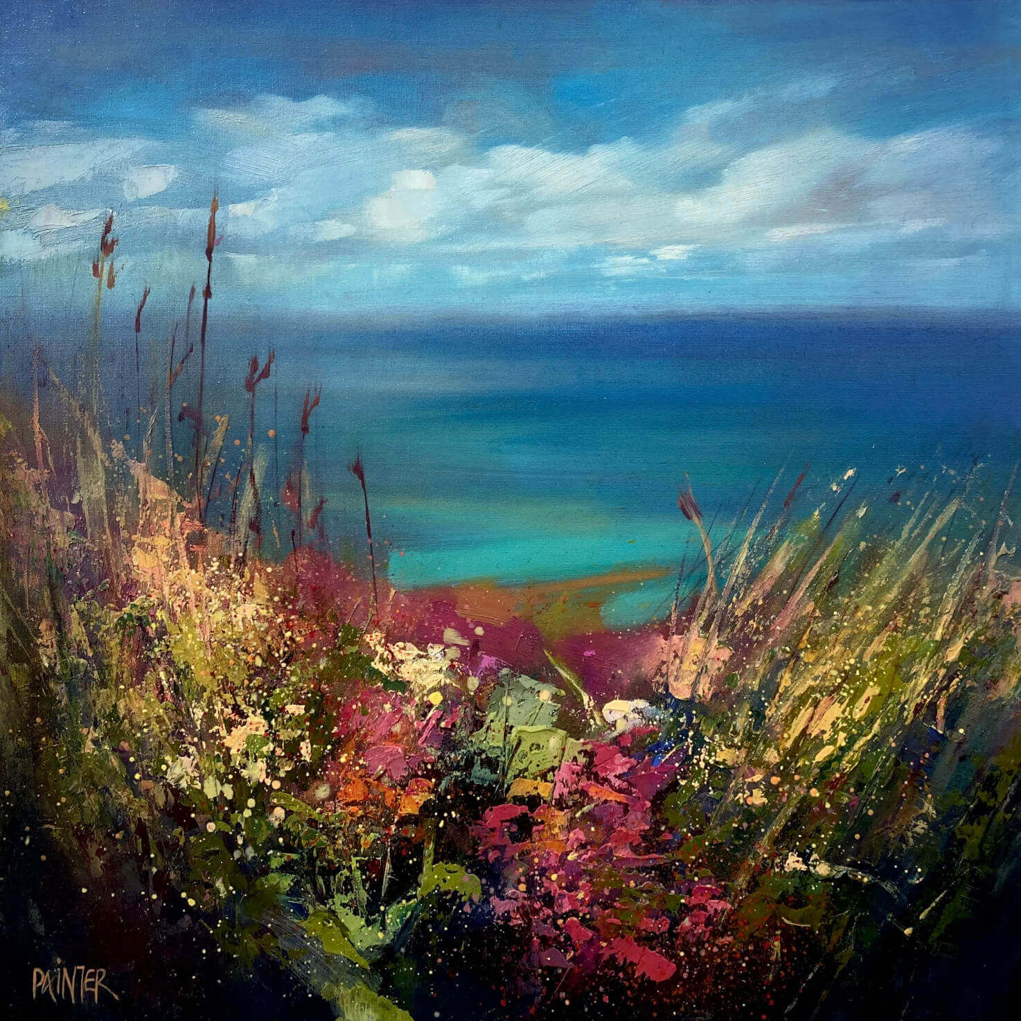 Coastal abstract painting by seascape artist Rachel Painter, with flowers and grasses in the foreground and turquoise ocean in the background.