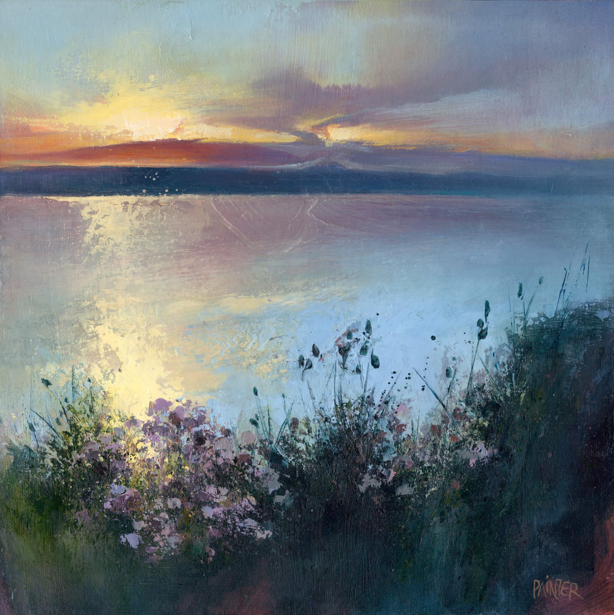 Cornwall seascape oil painting by Cornish artist Rachel Painter - Porthtowan sunset over water with flowers in the foreground.