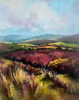 Moorland landscape oil painting of Exmoor National Park by British artist Rachel Painter with rolling hills and pink flowering heather.