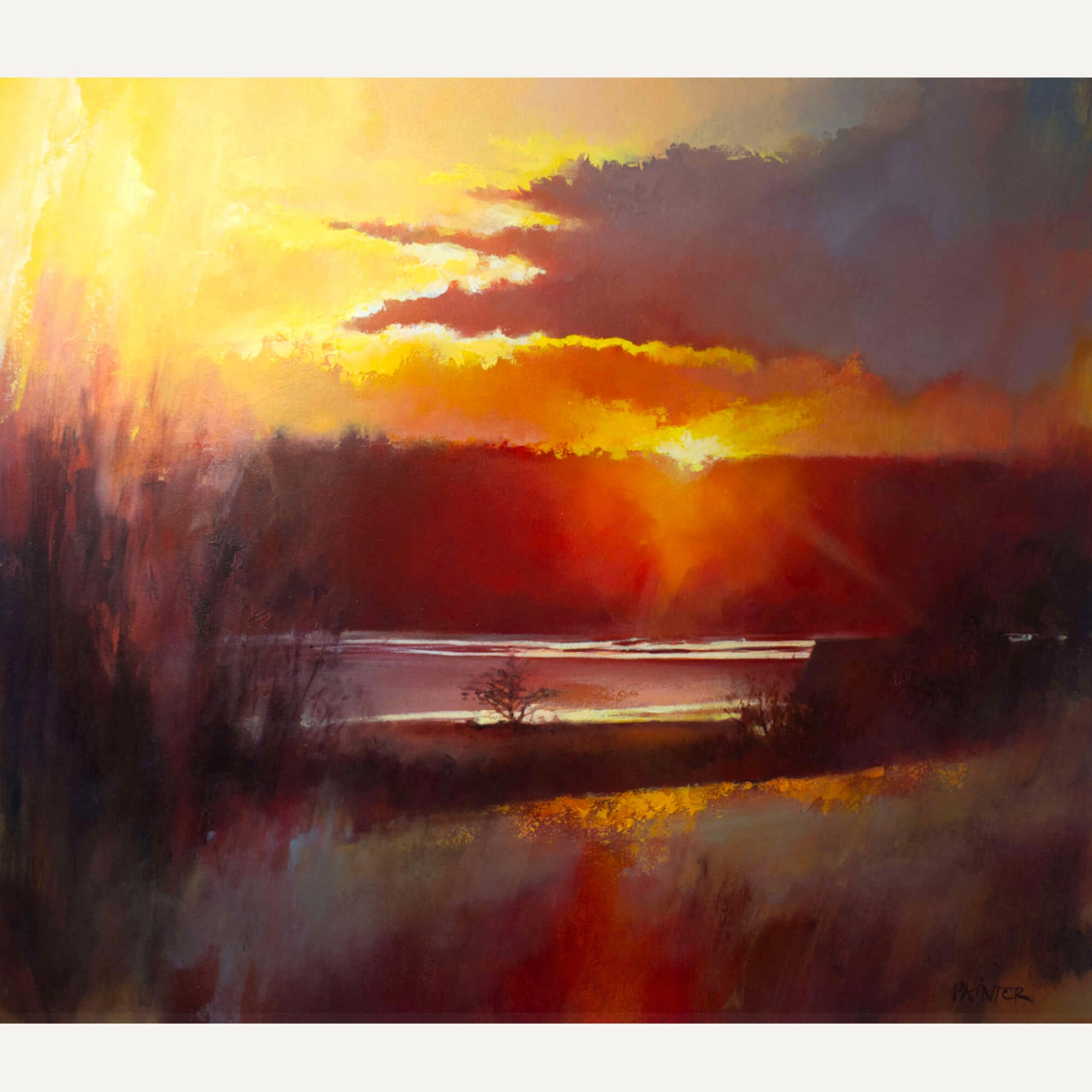 Paintings of the sunset by British artist Rachel Painter - fiery dramatic sky with orange and red hues reflecting on the clouds and river Cornish valley below.