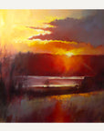 Paintings of the sunset by British artist Rachel Painter - fiery dramatic sky with orange and red hues reflecting on the clouds and river Cornish valley below.