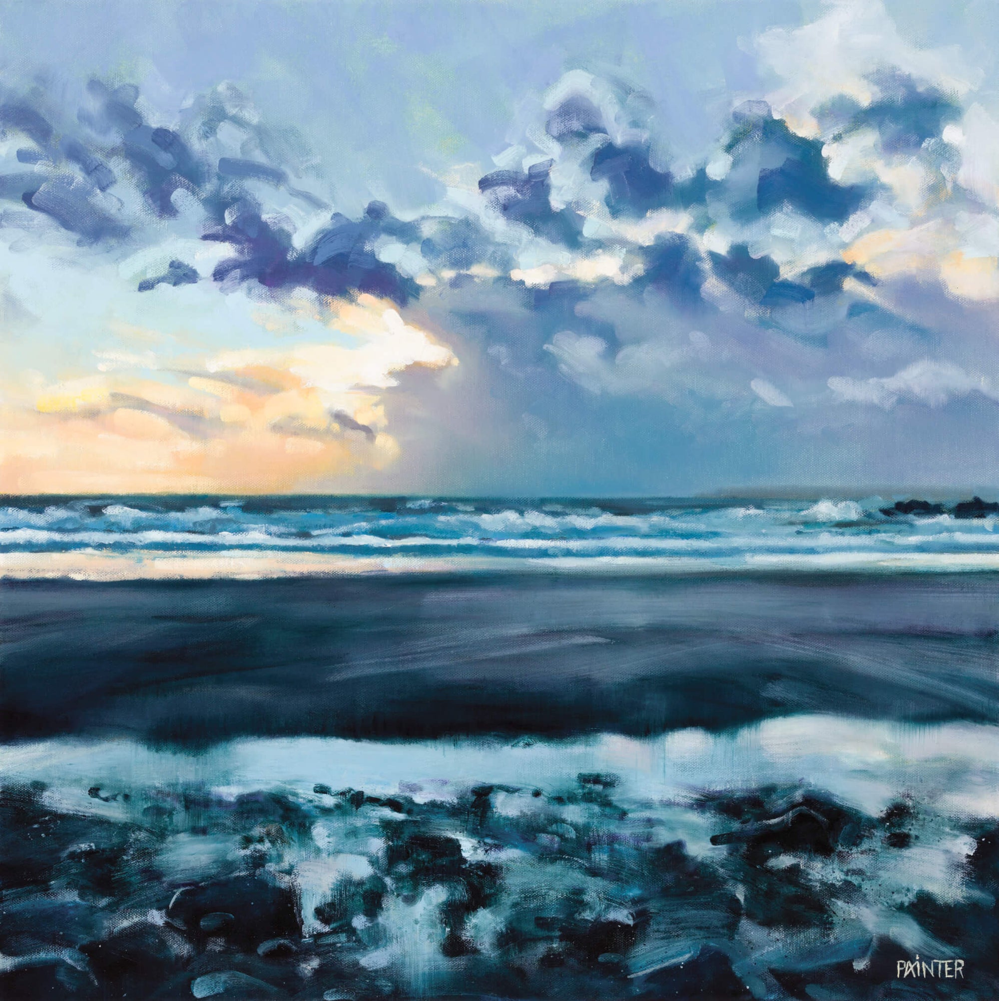 Cornwall seascape oil painting by British artist Rachel Painter - framed original of Perranuthnoe beach with waves and cloudy sky