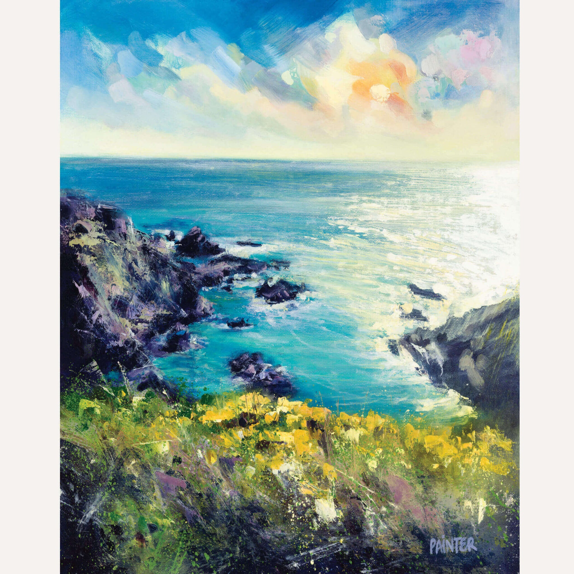 Cornish seascape painting by Cornwall artist Rachel Painter - cliffs, blue seas, dappled light and yellow sea flowers near Gunwalloe and Church Cove.