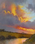 Paintings with sunsets by British artist Rachel Painter - fiery dramatic sky with orange and red hues reflecting on the clouds and river valley below.