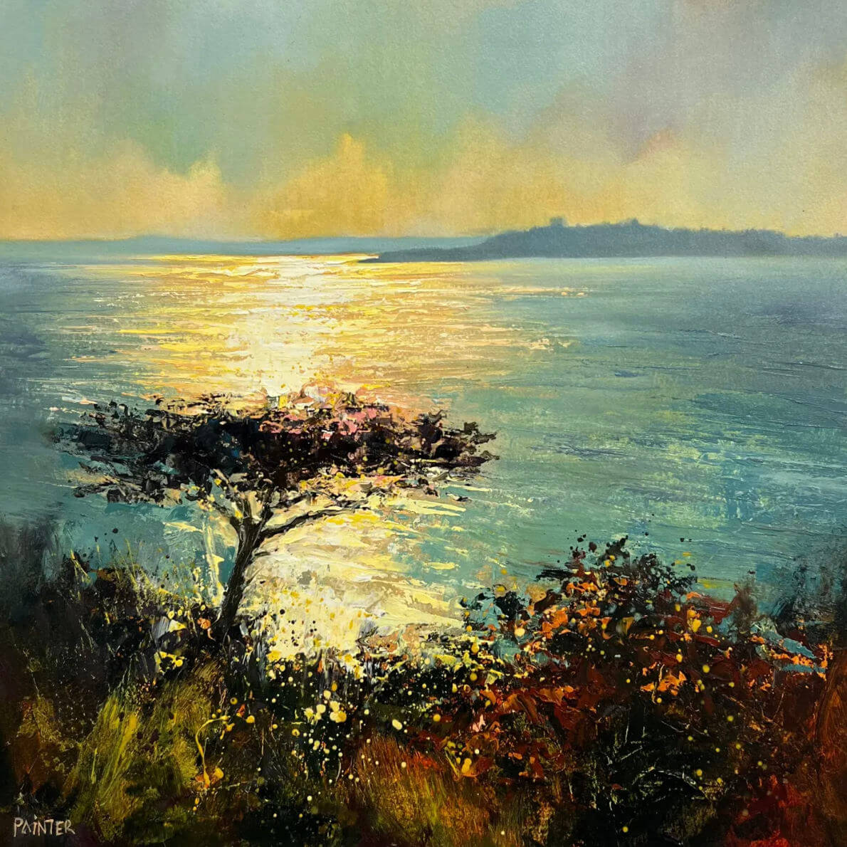 Cornwall seascape painting by Cornish artist Rachel Painter - a golden sunset with silhouetted tree over a waxy sunlit sea near St Mawes.