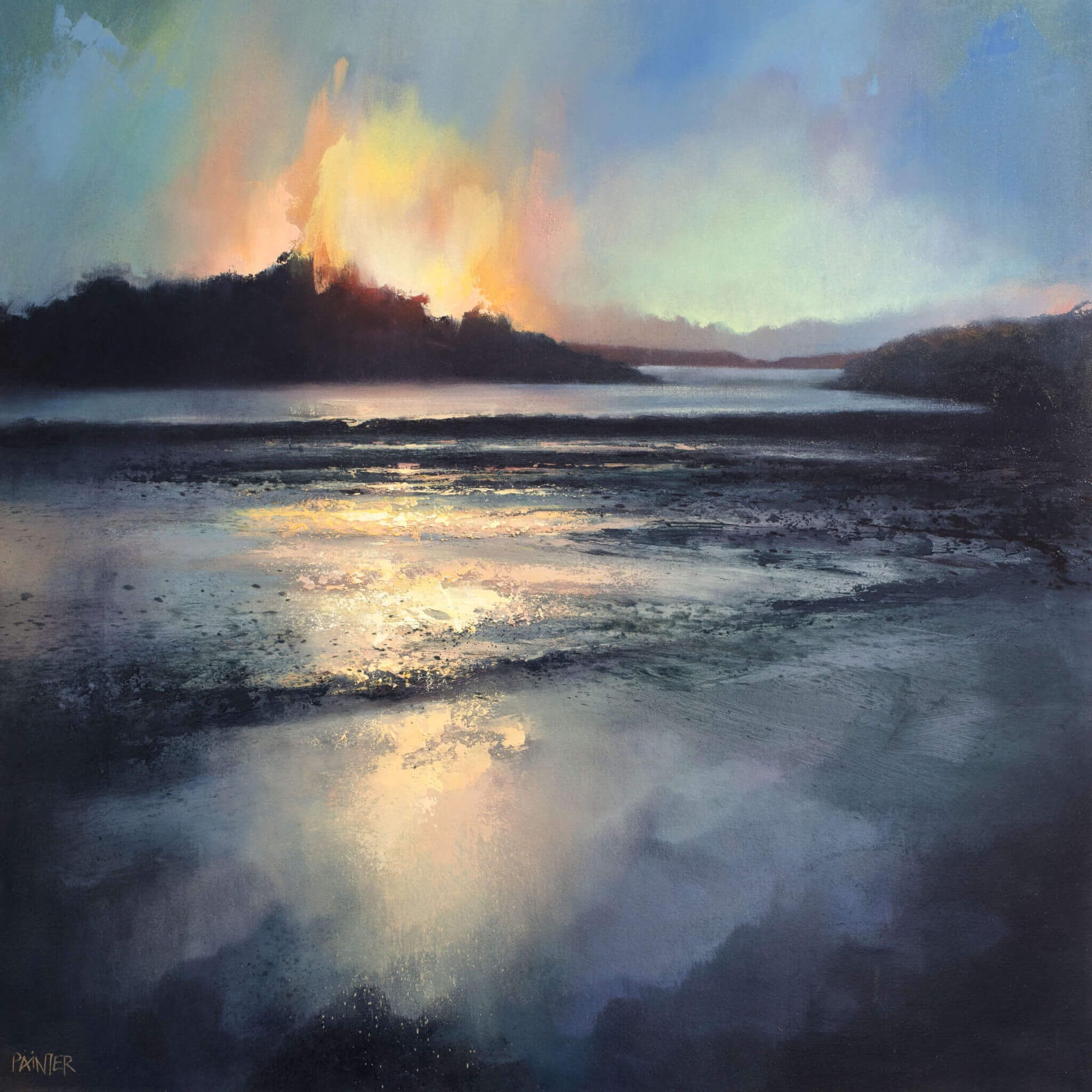 Sunset painting with reflections over a low tide sea with rainbow reflection on the Helford River in Cornwall - by British artist Rachel Painter