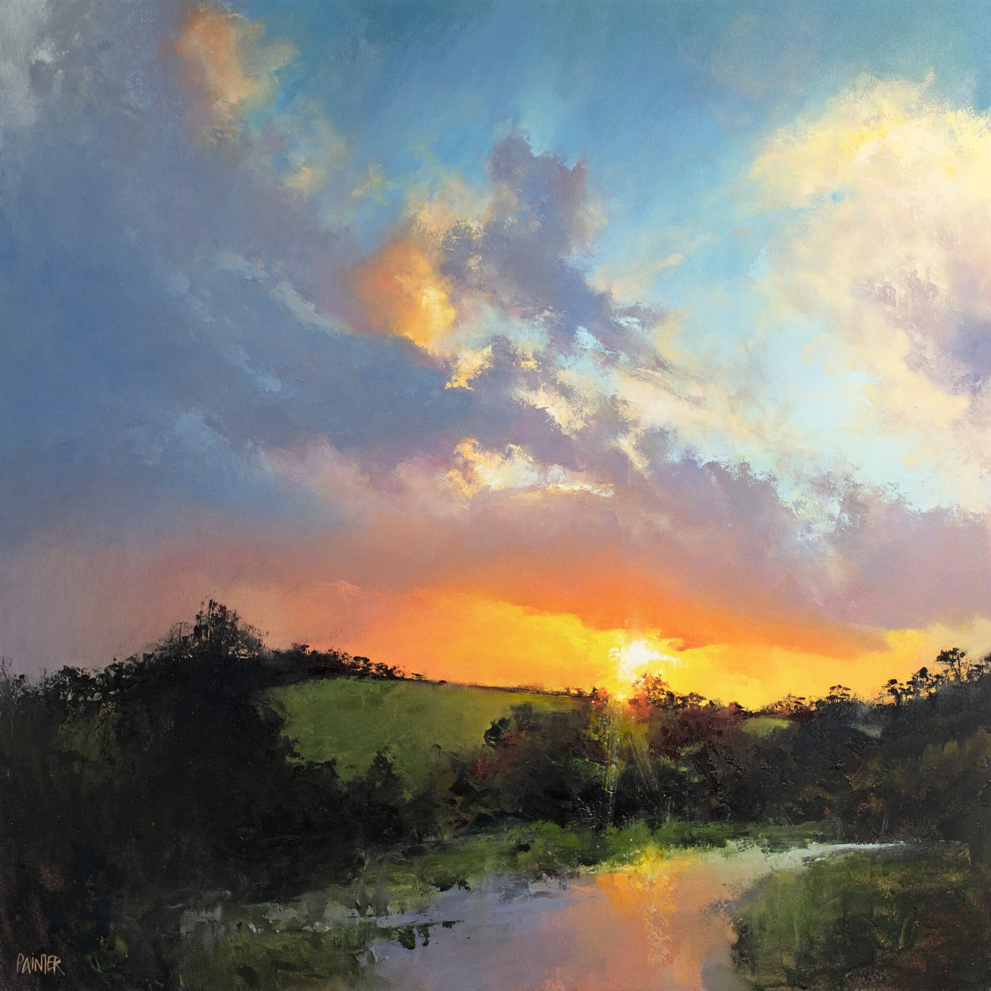 Cornish art by British artist Rachel Painter - original sunset painting over a pastoral landscape with trees and river reflecting colour.