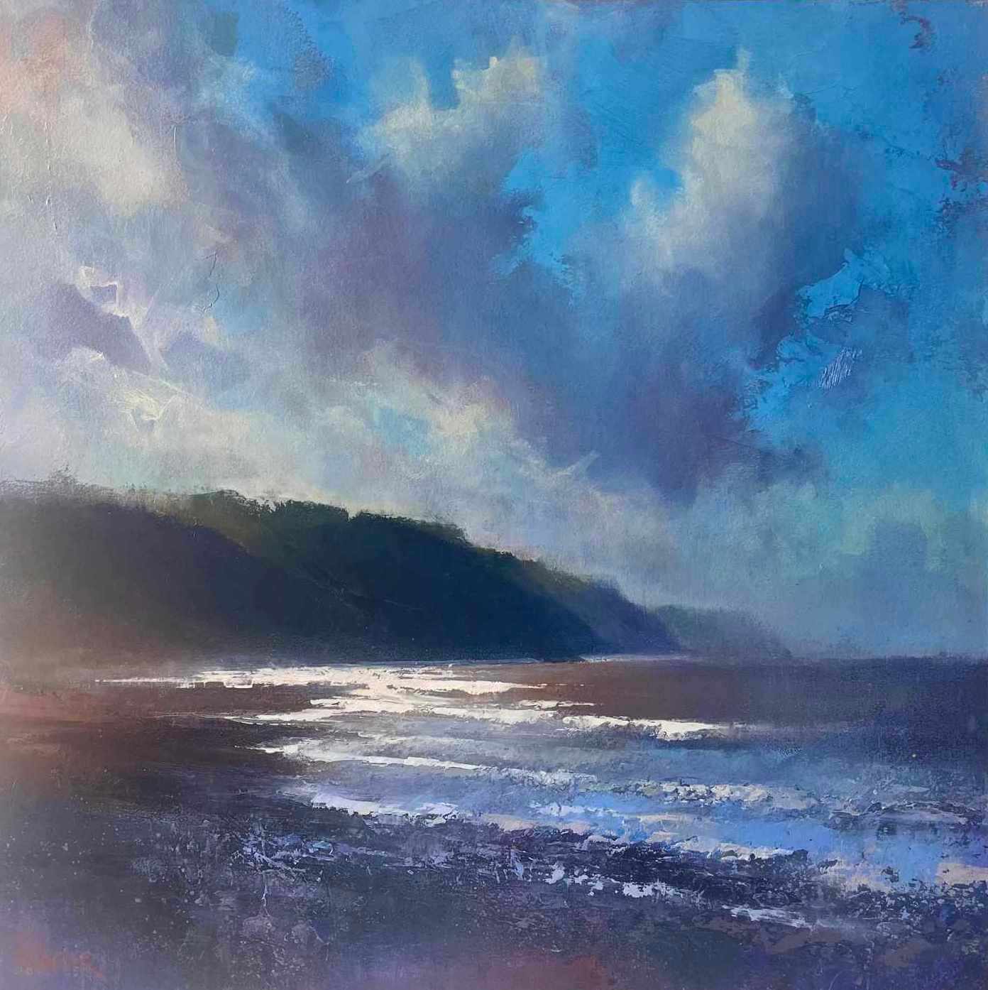 Seascape oil painting of Exmoor National Park by Rachel Painter - waves and luminous blue cloudy sky looking towards Porlock.