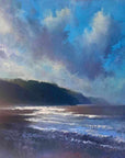 Seascape oil painting of Exmoor National Park by Rachel Painter - waves and luminous blue cloudy sky looking towards Porlock.