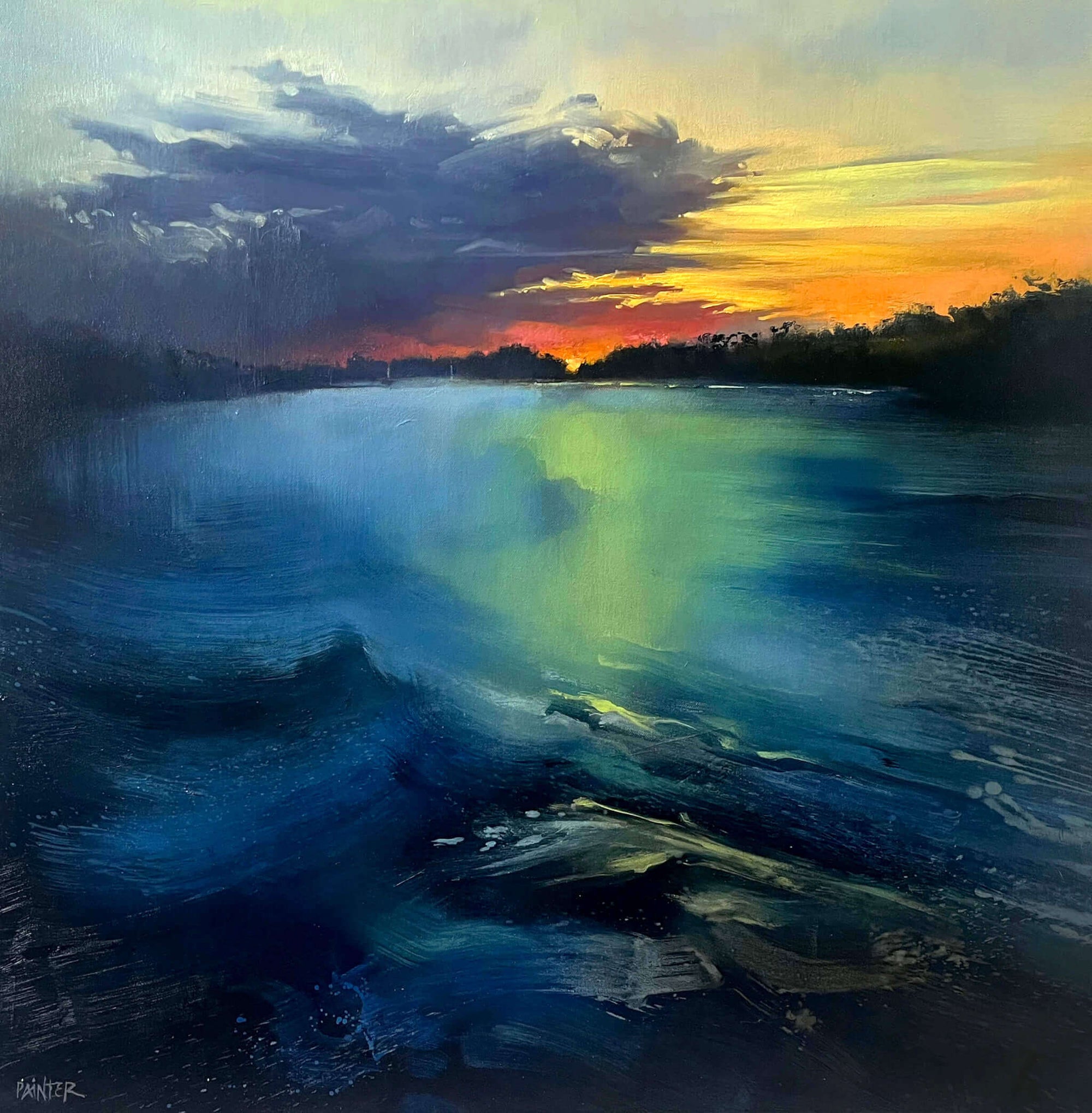 Cornish art by Cornwall artist Rachel Painter - fiery dramatic sky with lilac, orange and pink hues reflecting on the waters of the Helford River.