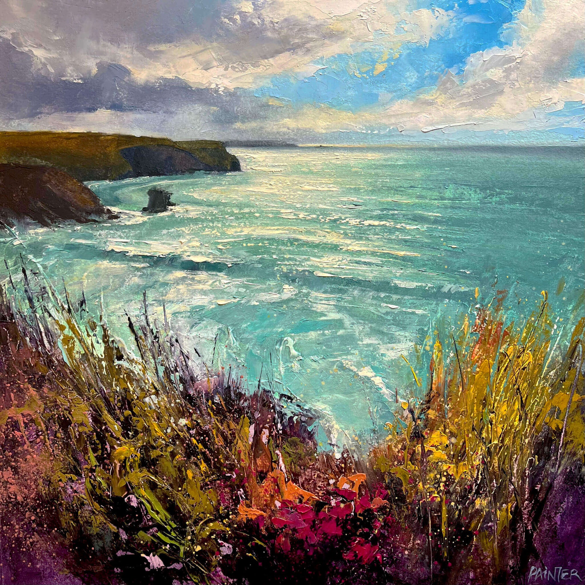 Cornish art by artist Rachel Painter - seascape painting from clifftops near Portreath, coastal flowers, turquoise sea and wind-whipped waves.