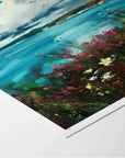 Fine art paper print with white border of seascape painting with daisies and coastal sea flowers