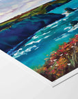 Fine art paper print with white border of coastal painting with sea flowers, cliffs and turquoise sea