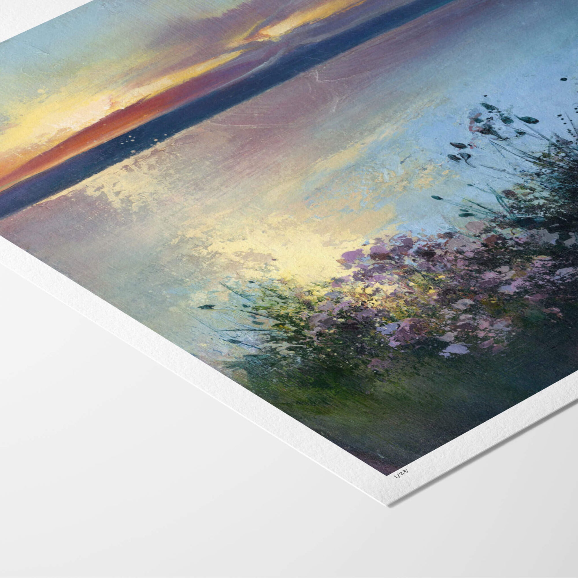 Fine art paper print with white border of a seascape with flowers and a sunset.
