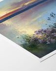 Fine art paper print with white border of a seascape with flowers and a sunset.