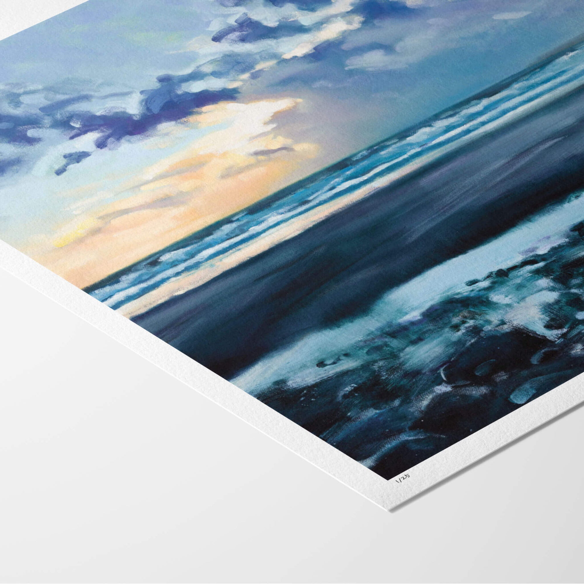 Fine art paper print with white border of seascape painting at sunset with waves along the horizon