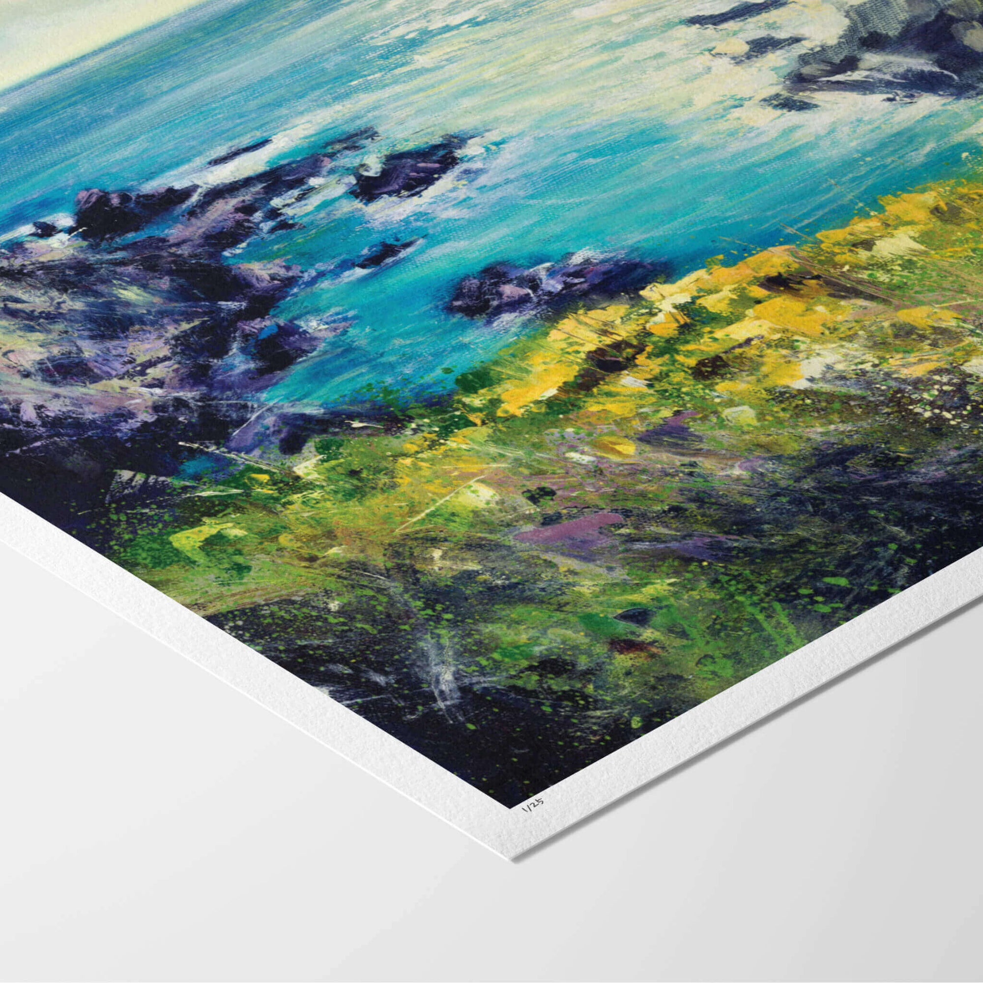 Fine art paper print with white border of seascape painting with cliffs and yellow flowers