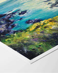 Fine art paper print with white border of seascape painting with cliffs and yellow flowers