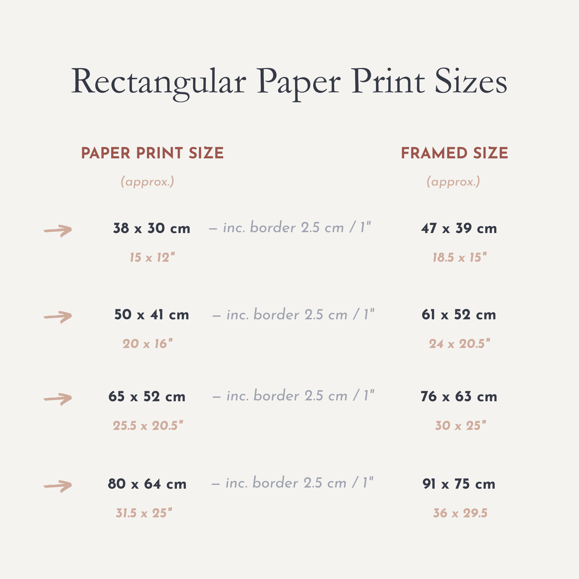 Chart showing rectangular paper print sizes and their corresponding framed sizes.