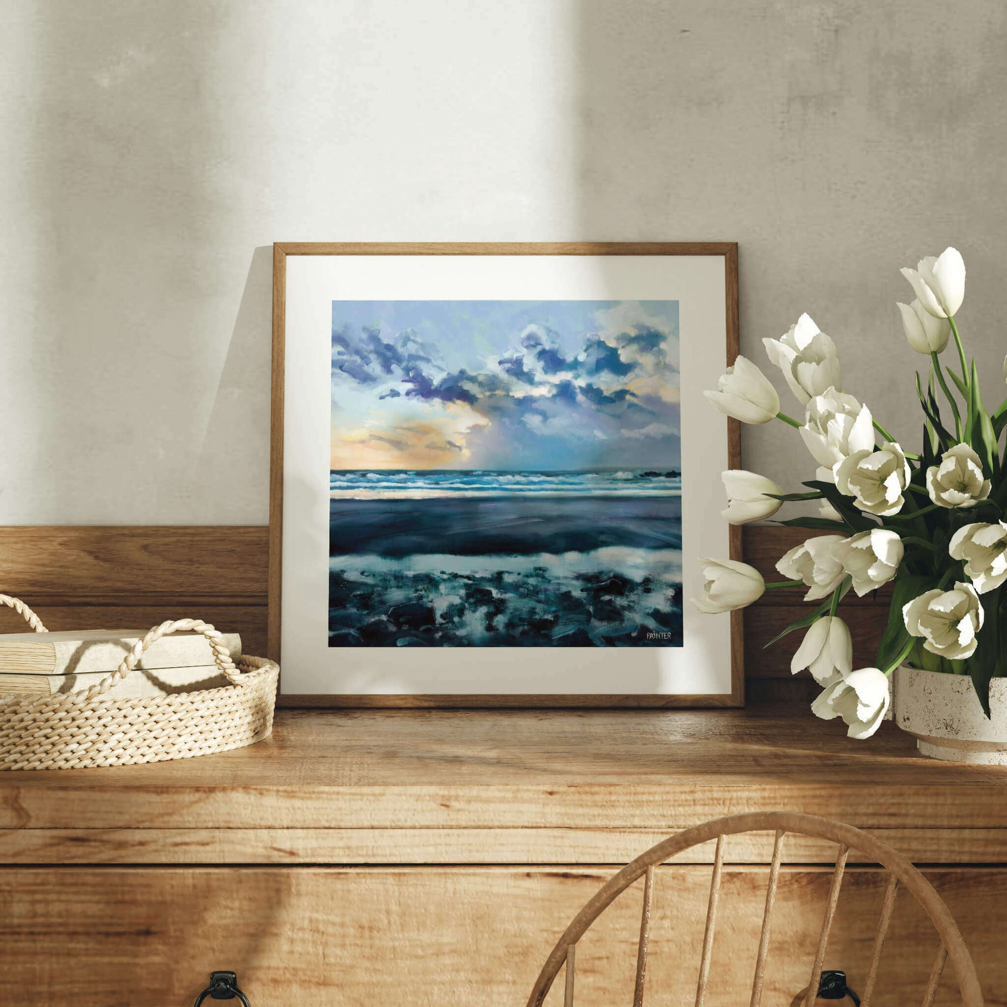 Framed seascape artwork on dresser - by Rachel Painter, contemporary seascape artist
