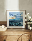 Framed seascape artwork on dresser - by Rachel Painter, contemporary seascape artist