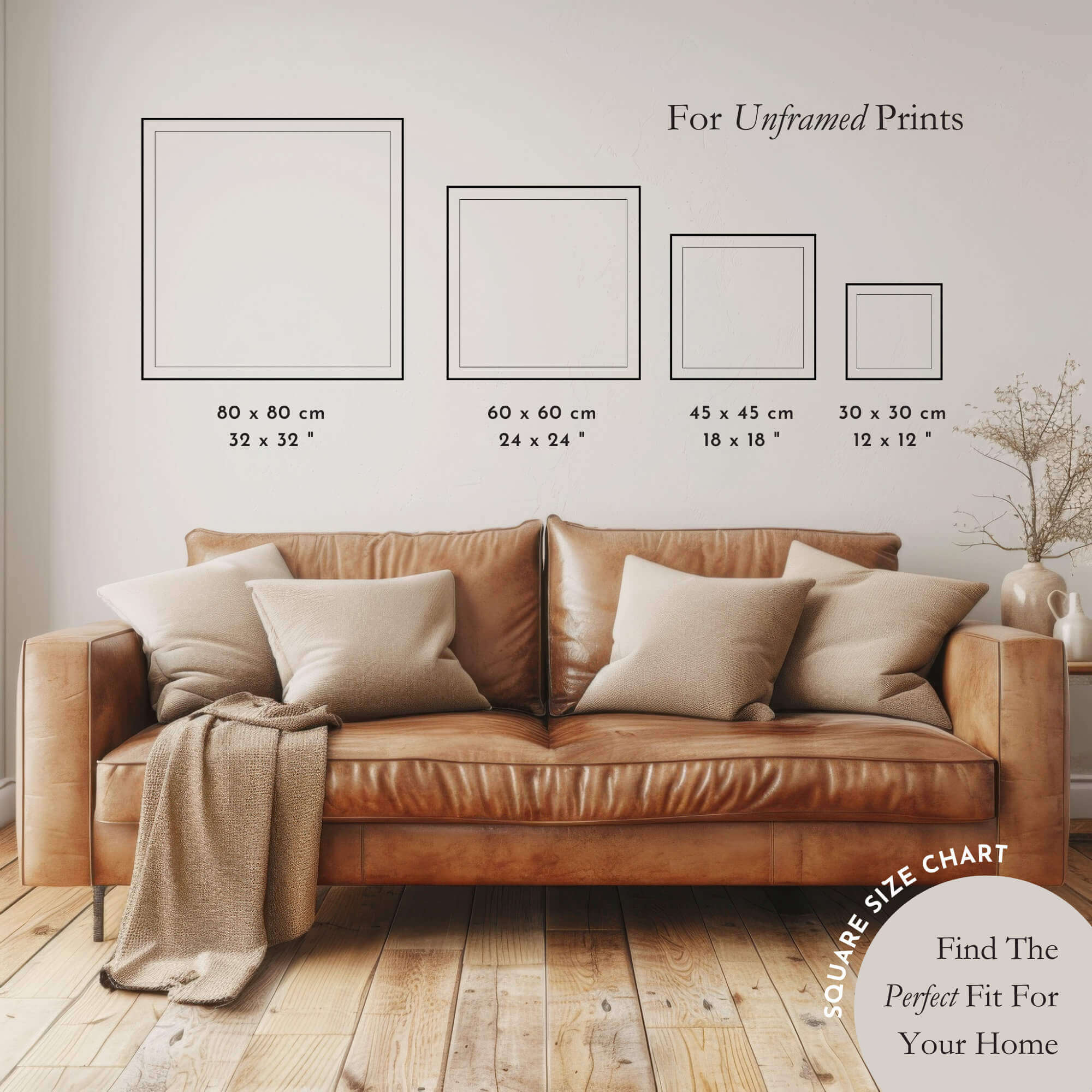 Square size chart for unframed art prints