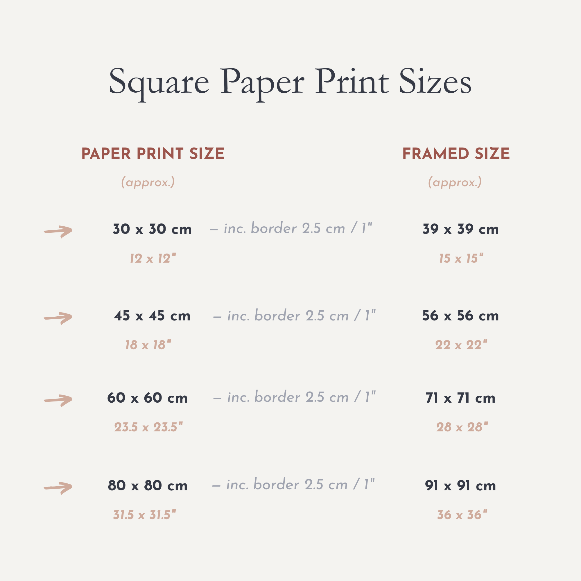 Chart showing square paper print sizes and their corresponding framed sizes.