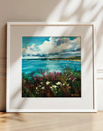 Be Free, framed landscape prints in white wood ready hang of the Cornish coast near Porthleven with rugged cliffs, sea flowers overlooking the ocean by Cornwall artist Rachel Painter