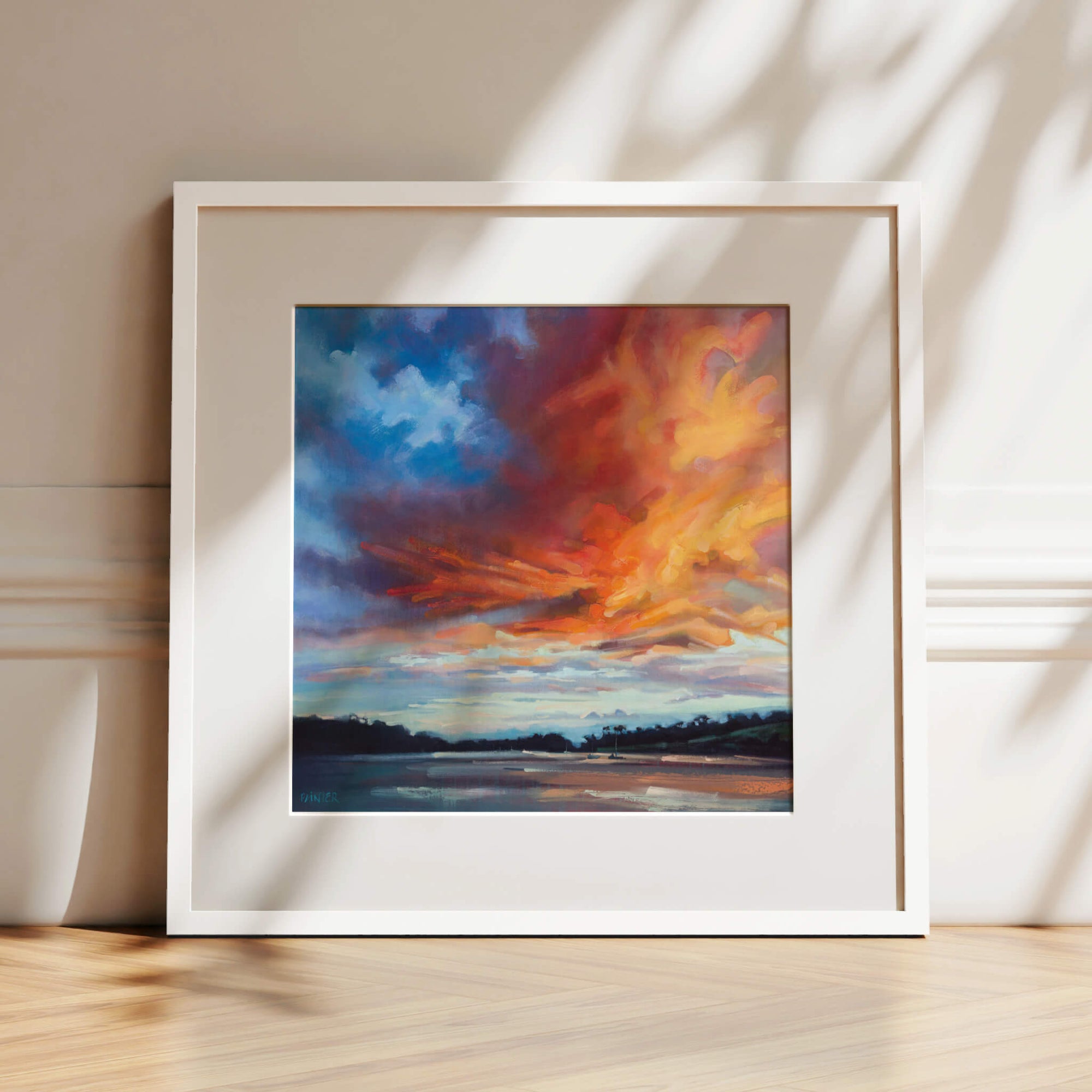 Confidence, limited edition framed prints in white, ready to hang - a colourful sunset art print of the Helford River in Cornwall