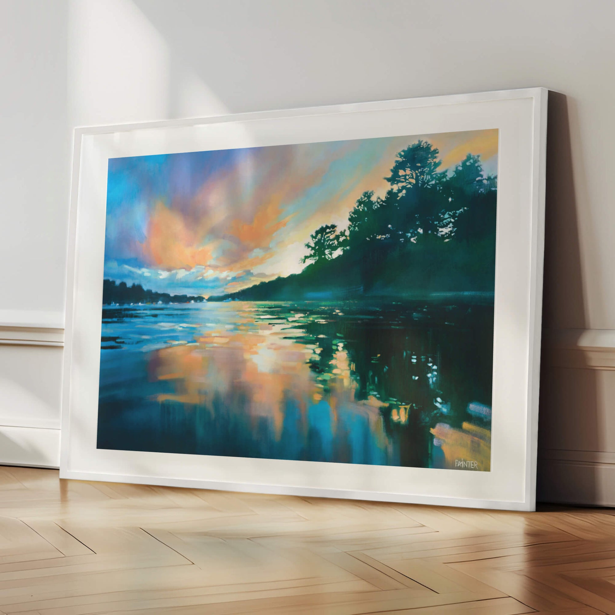 Paved In Light No.3, white framed Cornish seascape prints of Helford River in Cornwall at sunset with trees reflecting on water by Cornwall artist Rachel Painter