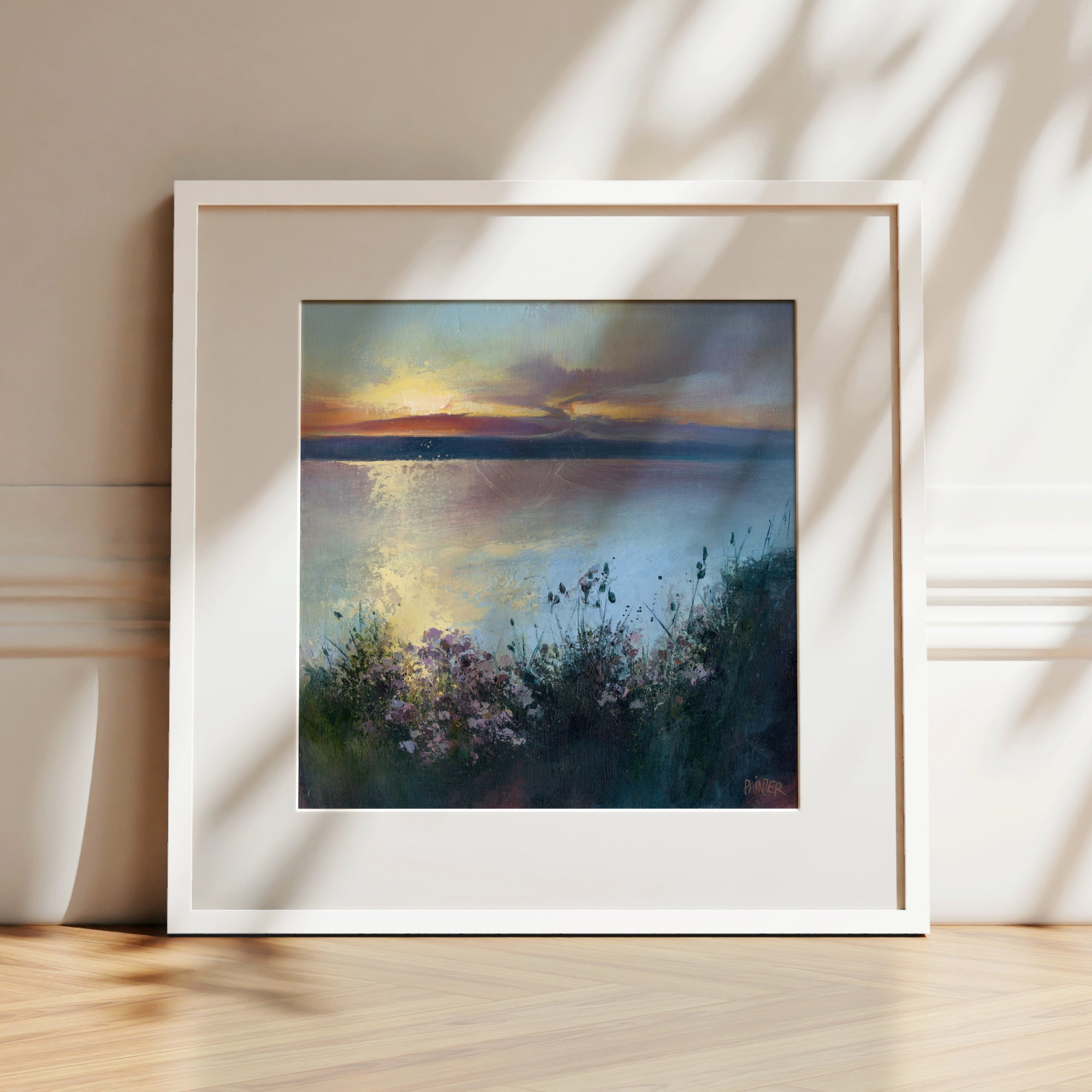 Scatter The Seeds Of Your Dreams No.3, limited edition framed prints in white, ready to hang - inspired by Cornwall’s coastline around Porthtowan, a clifftop view with flowers at sunset by British artist Rachel Painter
