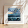Towards The Light, white framed coastal art prints of of glowing sunset over the waves at Perranuthnoe beach by Cornwall artist Rachel Painter