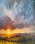 Painting of a sunset over a landscape with colourful light-filled clouds by Rachel Painter