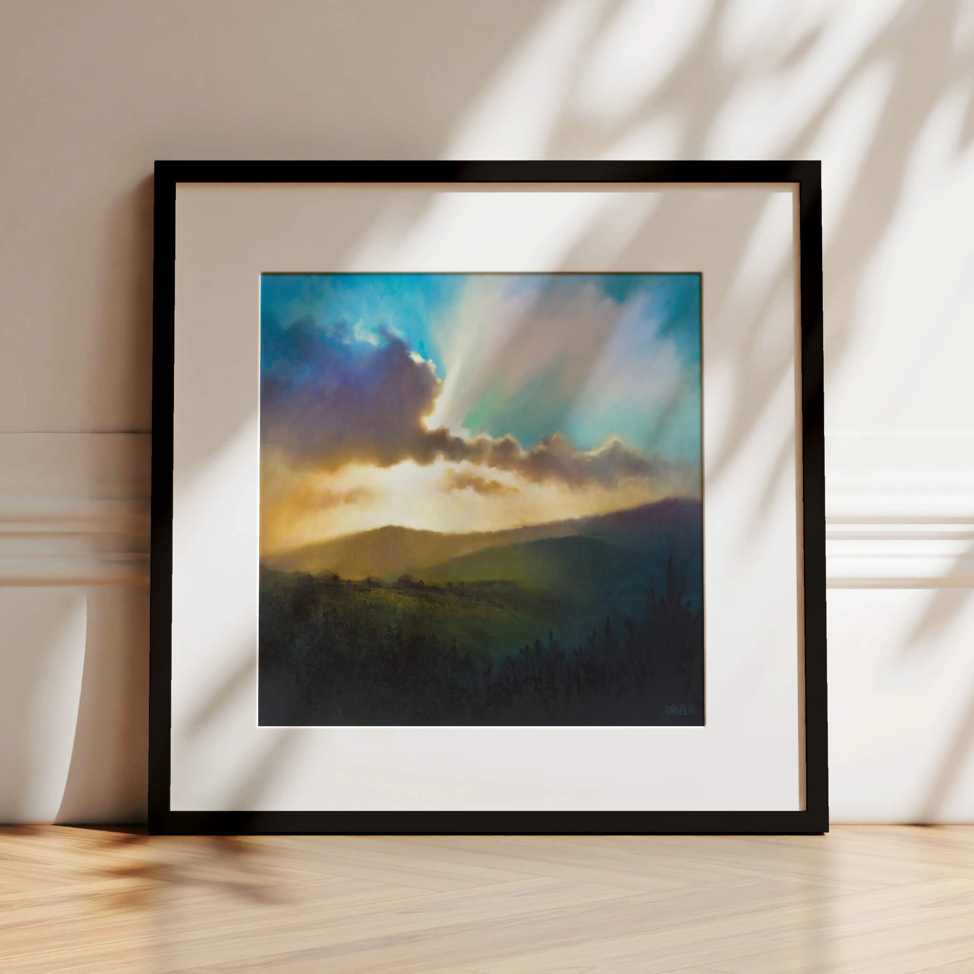 Come Up Here No.1, black framed artwork of dramatic moorland sunset over Exmoor National Park at sunset by British artist Rachel Painter