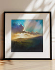 Come Up Here No.1, black framed artwork of dramatic moorland sunset over Exmoor National Park at sunset by British artist Rachel Painter