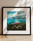 Be Free, framed seascape prints in black wood ready to hang of coastal landscape near Porthleven with rocky cliffs, sea flowers and blue sky by Cornish art by Rachel Painter artist